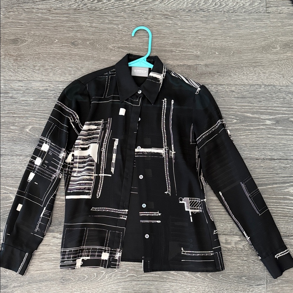 Liz Claiborne Petite Black Blouse with Contrast Stitching